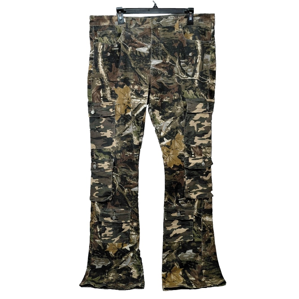 ESNTL Lab Stacked Camo Flare Leg Cargo Pants Men's 38 Utility Flap Pockets
